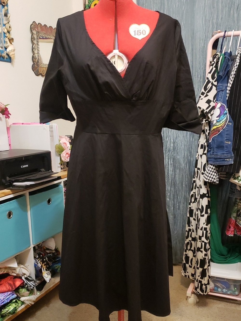 Women's Black V-Neck A-Line Dress